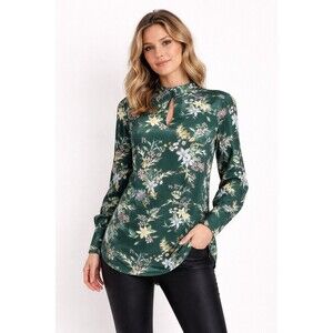 Oasis Green Women's Floral keyhole Business Preppy Casual Chic Blouse Size 8